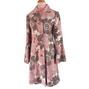 Anthropologie Pink Floral Bell Sleeve Long Winter Coat Size 12 Flocked Coquette